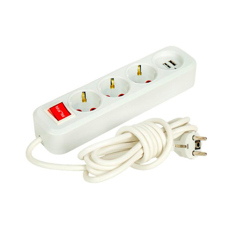 Электрический удлинитель с выключателем 3 розетки и 2 USB с заземлением 3м (108998)