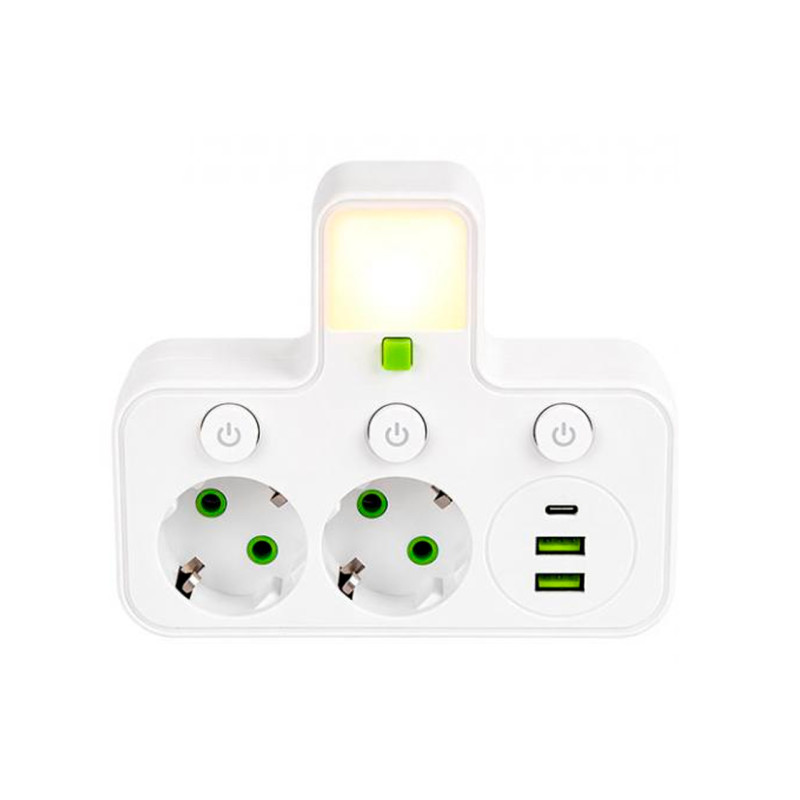 Сетевой разветвитель на 2 розетки с 2 USB + 1 Type-C с кнопками (125403)