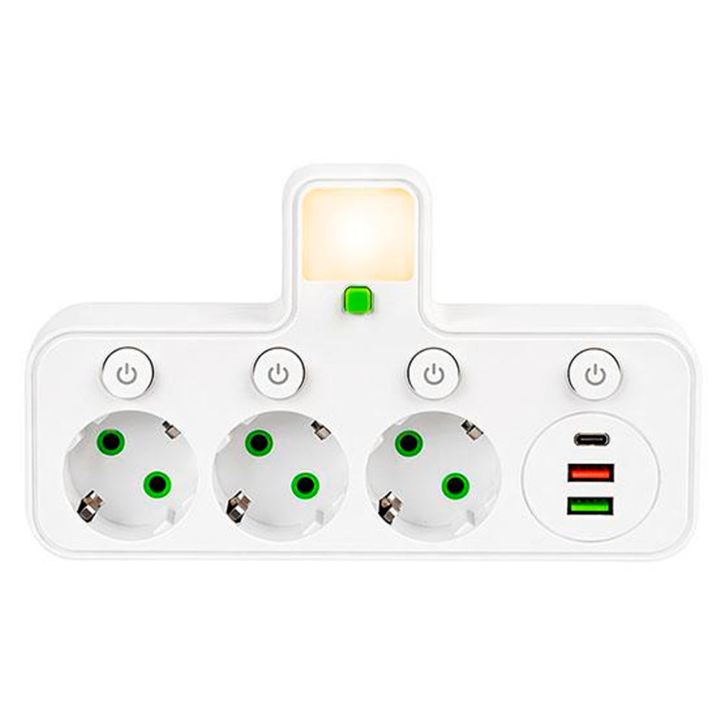 Сетевой разветвитель на 3 розетки с 2 USB + 1 Type-C с кнопками (125402)
