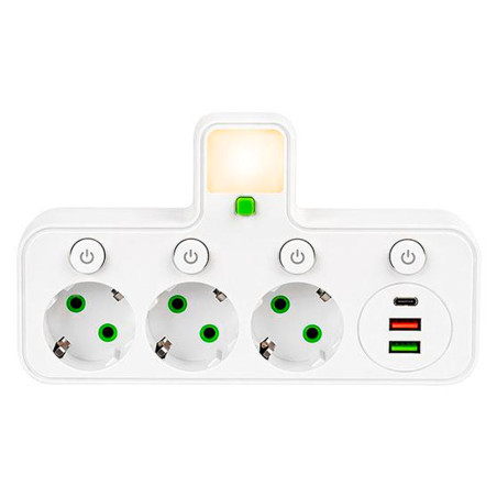 Сетевой разветвитель на 3 розетки с 2 USB + 1 Type-C с кнопками (125402)