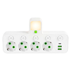 Сетевой разветвитель на 4 розетки с 2 USB + 1 Type-C с кнопками (125401)
