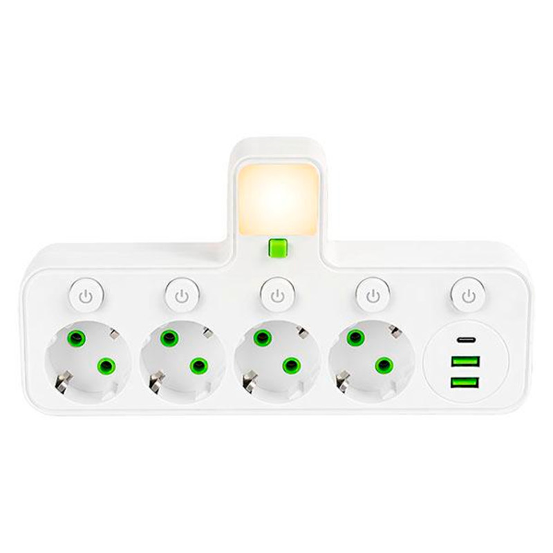 Сетевой разветвитель на 4 розетки с 2 USB + 1 Type-C с кнопками (125401)