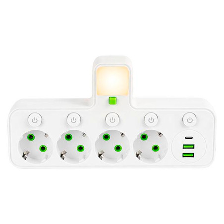 Сетевой разветвитель на 4 розетки с 2 USB + 1 Type-C с кнопками (125401)