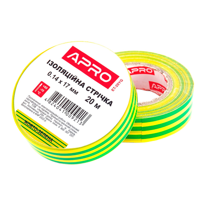Лента изоляционная Apro 10 м x 17 x 0.14 мм желто-зеленая (ET-10YG) (10 шт.)