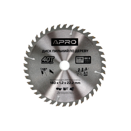 Диск пильный по дереву Apro 180 x 22.220мм x 40T (830135)