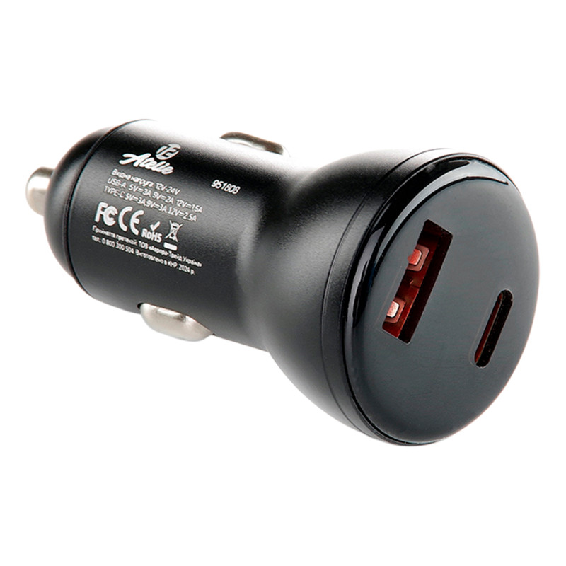 Автомобильное зарядное устройство 12 Atelie USB/Tipe-C x 5V x 3A черный (951808)